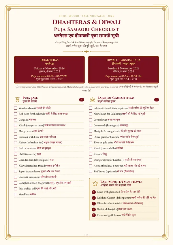 Dhanteras and Diwali combined checklist, page 1
