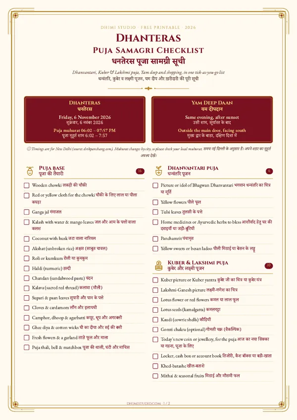 Dhanteras puja samagri checklist, page 1
