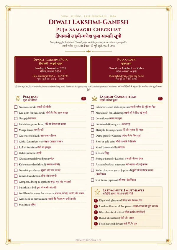 Diwali Lakshmi-Ganesh puja samagri checklist, page 1